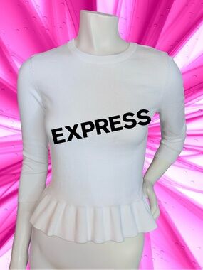 Express White Peplum Knit Top - 3/4 Sleeve Crew Neck Fitted Sweater Size S